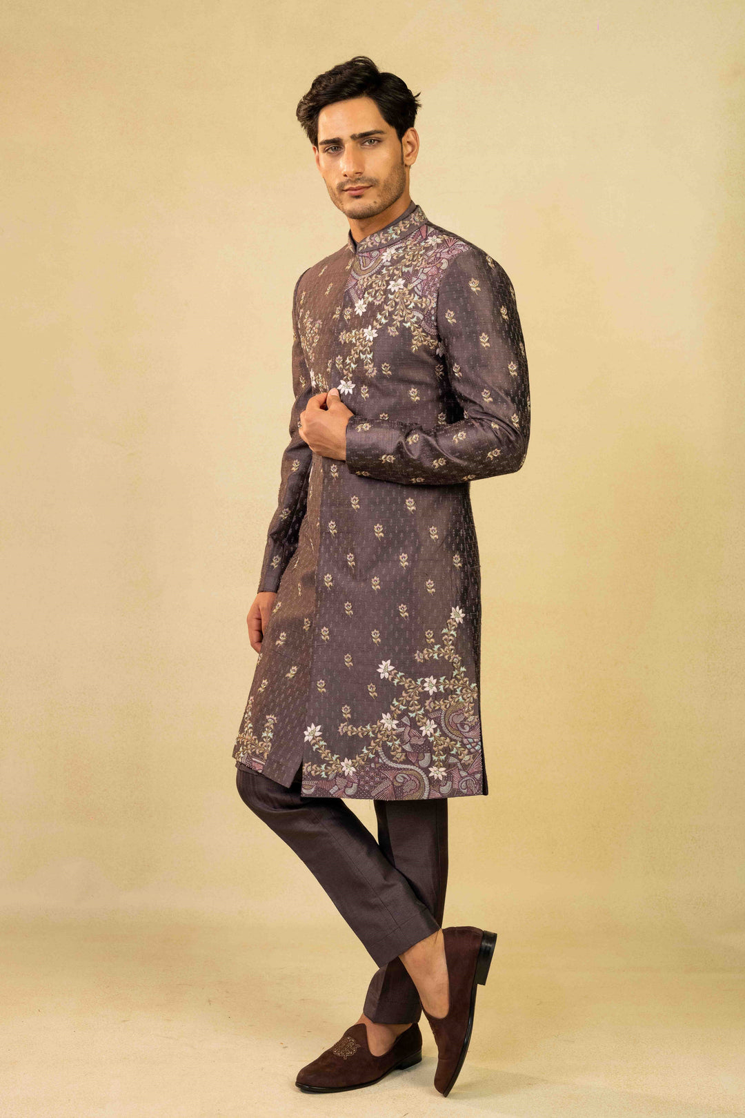 Dusty purple Indo-Western with block print detailing and hand embroidery. – Image 3