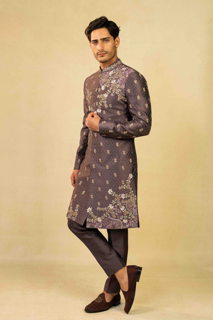 Dusty purple Indo-Western with block print detailing and hand embroidery.