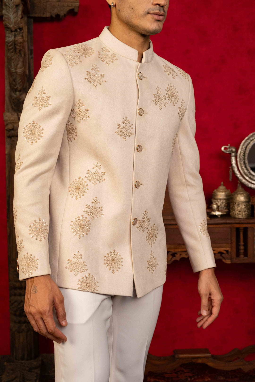 Exquisite Jodhpuri Ensemble with Intricate Hand Embroidery and Sequin Accents – Image 4