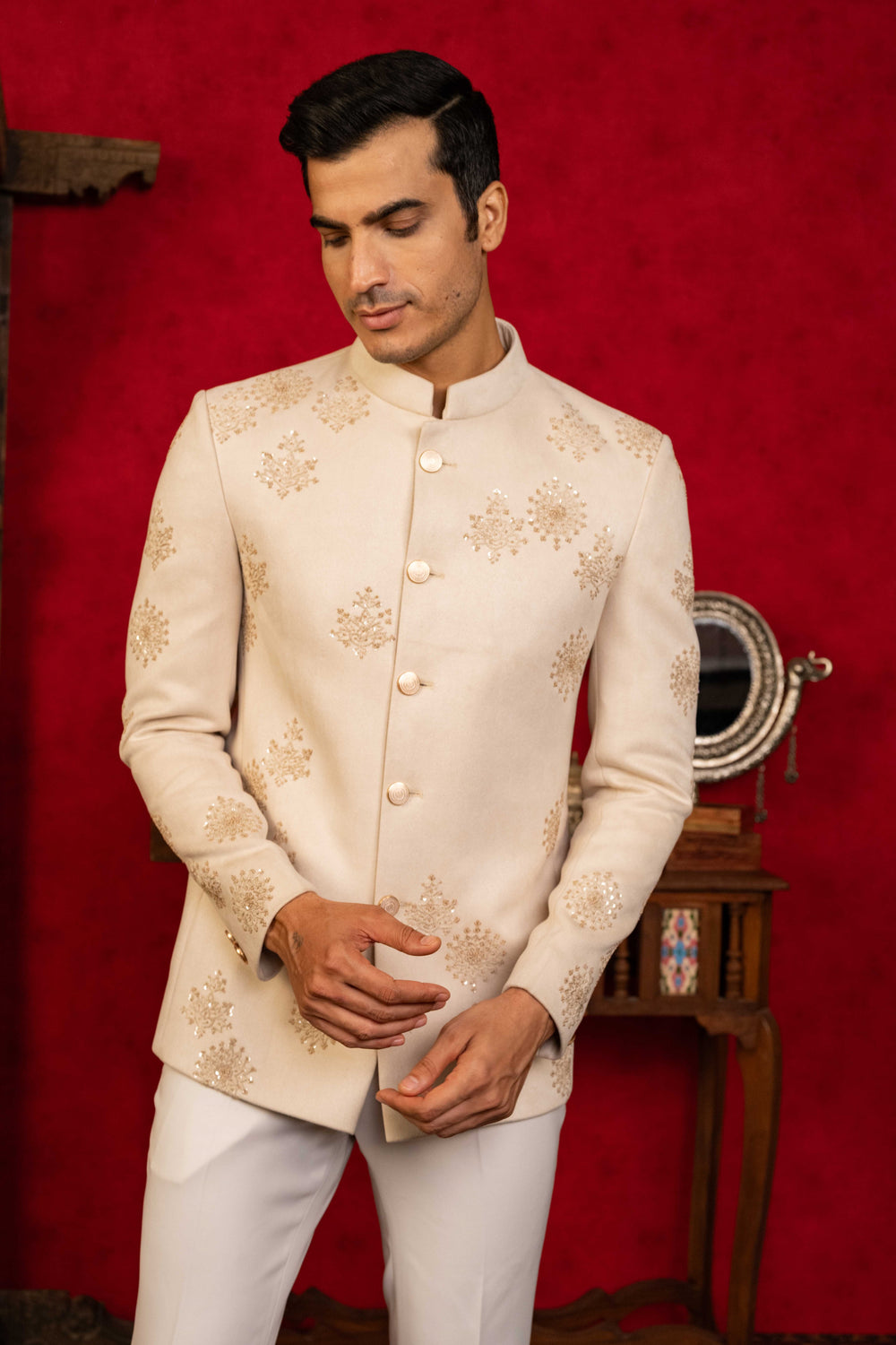 Exquisite Jodhpuri Ensemble with Intricate Hand Embroidery and Sequin Accents