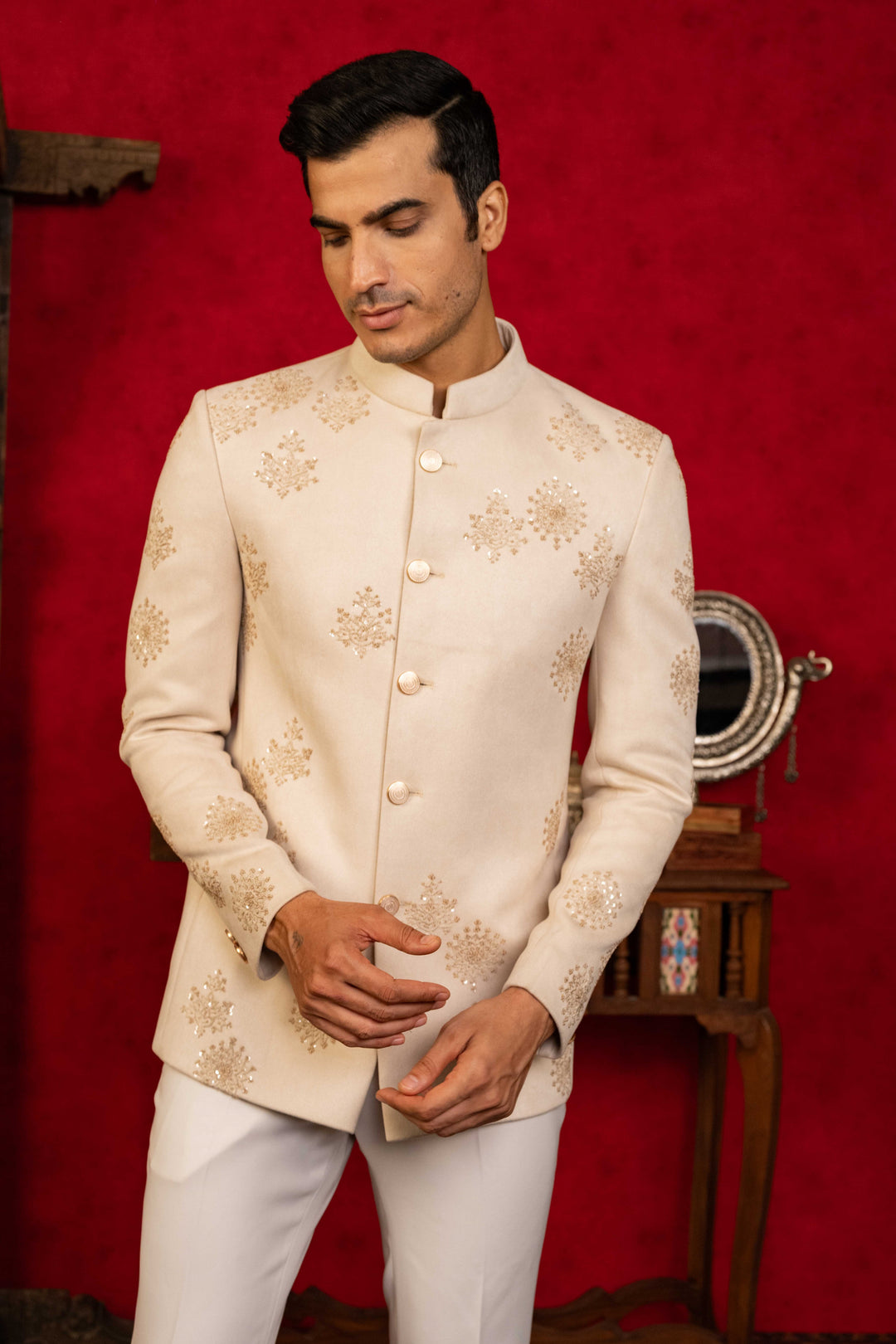 Exquisite Jodhpuri Ensemble with Intricate Hand Embroidery and Sequin Accents – Image 2