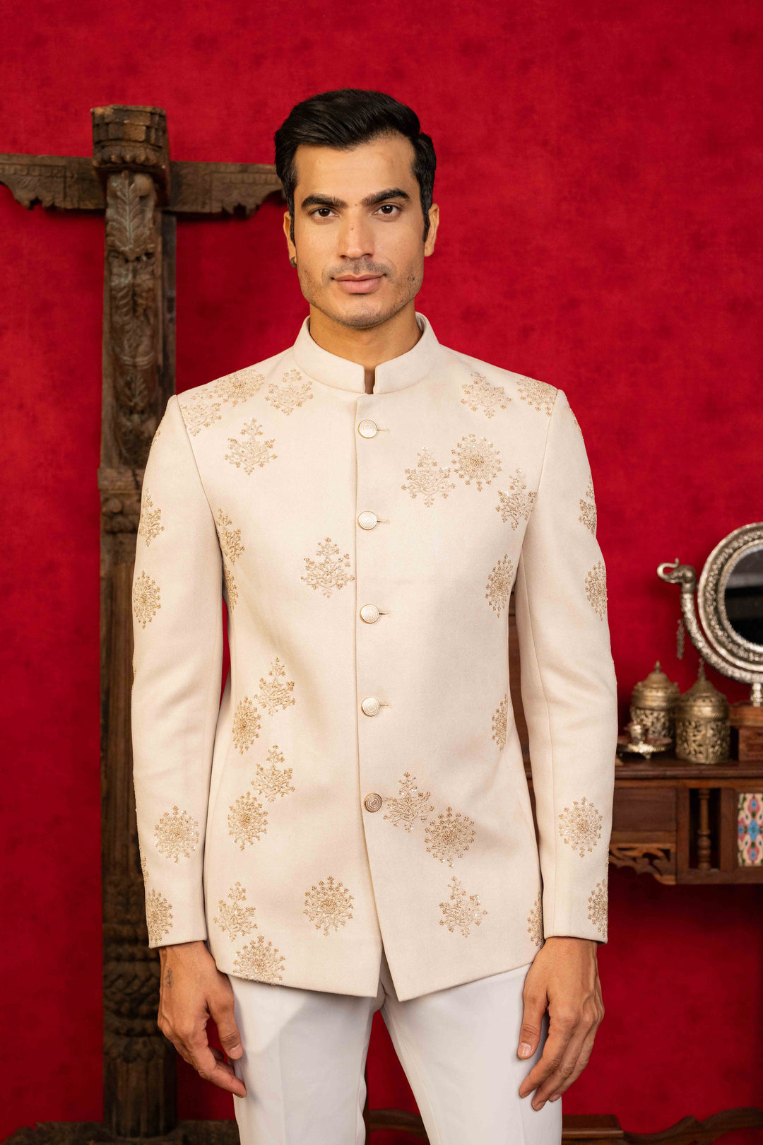 Exquisite Jodhpuri Ensemble with Intricate Hand Embroidery and Sequin Accents