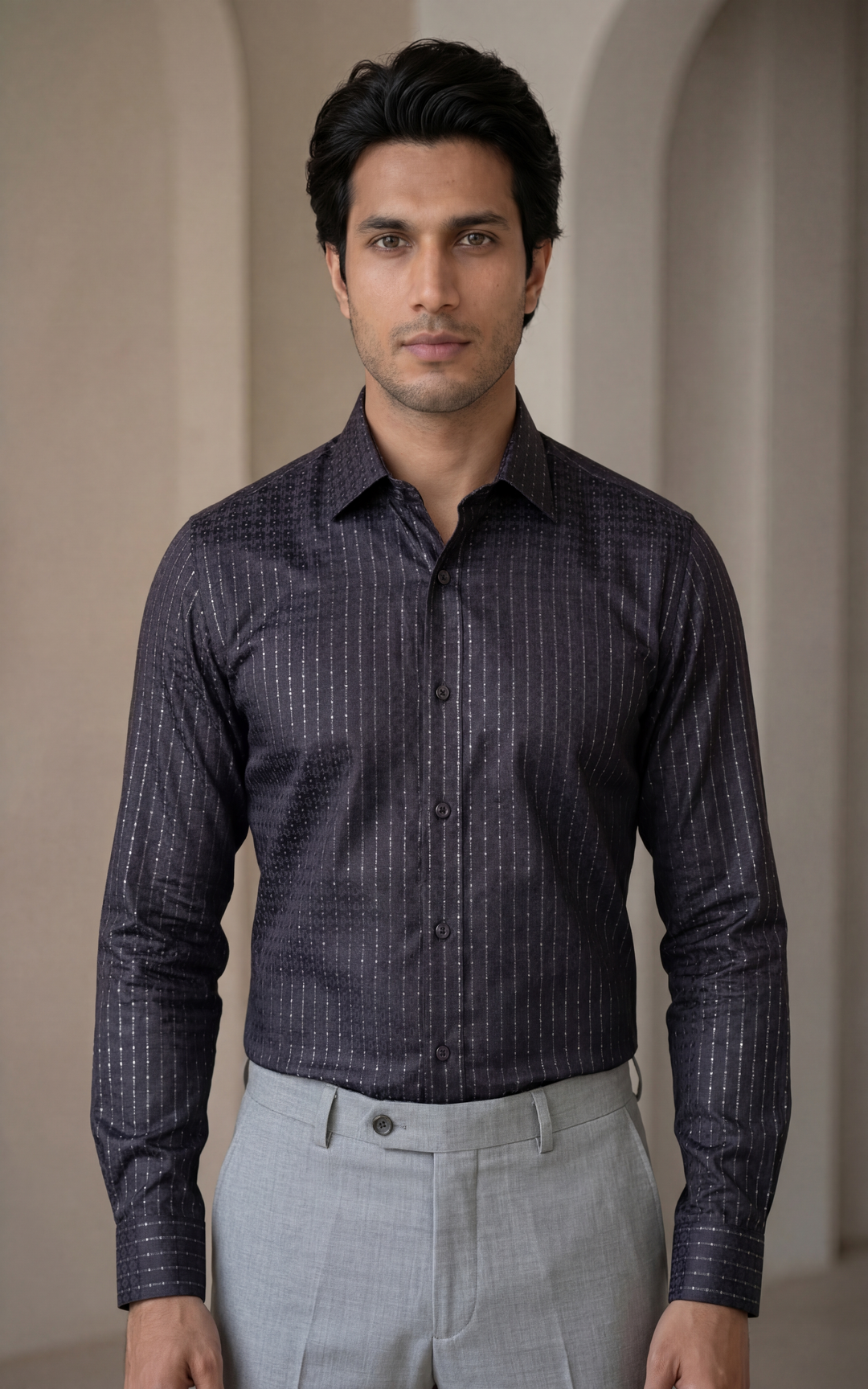 Navy Blue Giza Cotton Striped Shirt for Men – Regular Fit Lightweight