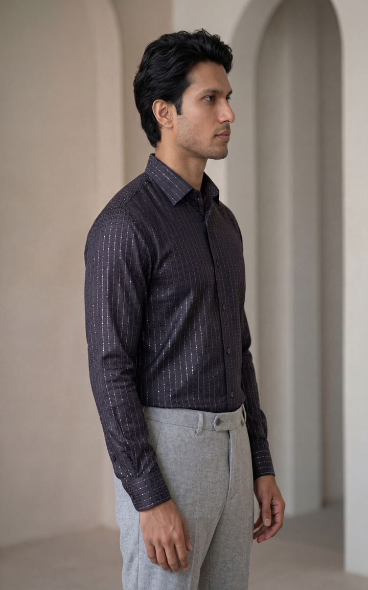 Navy Blue Giza Cotton Striped Shirt for Men – Regular Fit Lightweight
