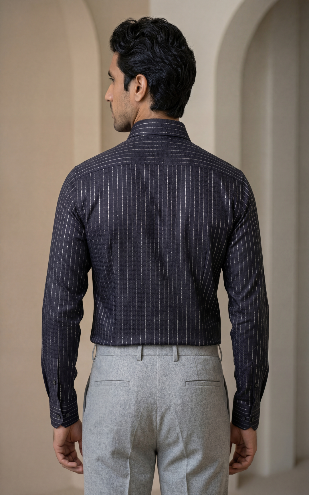Navy Blue Giza Cotton Striped Shirt for Men – Regular Fit Lightweight – Image 2