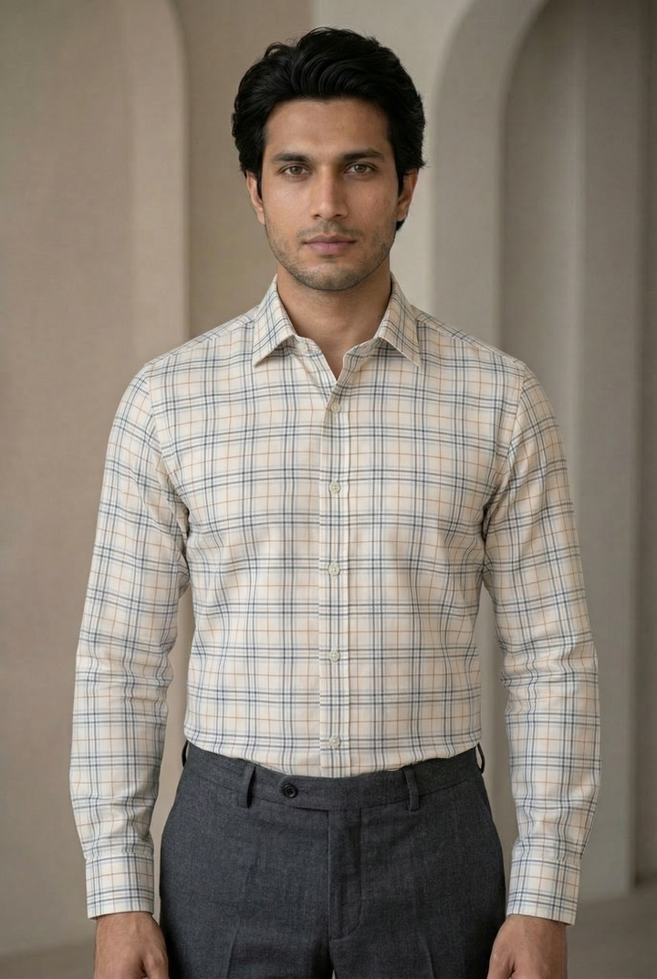 Checked Giza Cotton & Wool Shirt for Men – Regular Fit