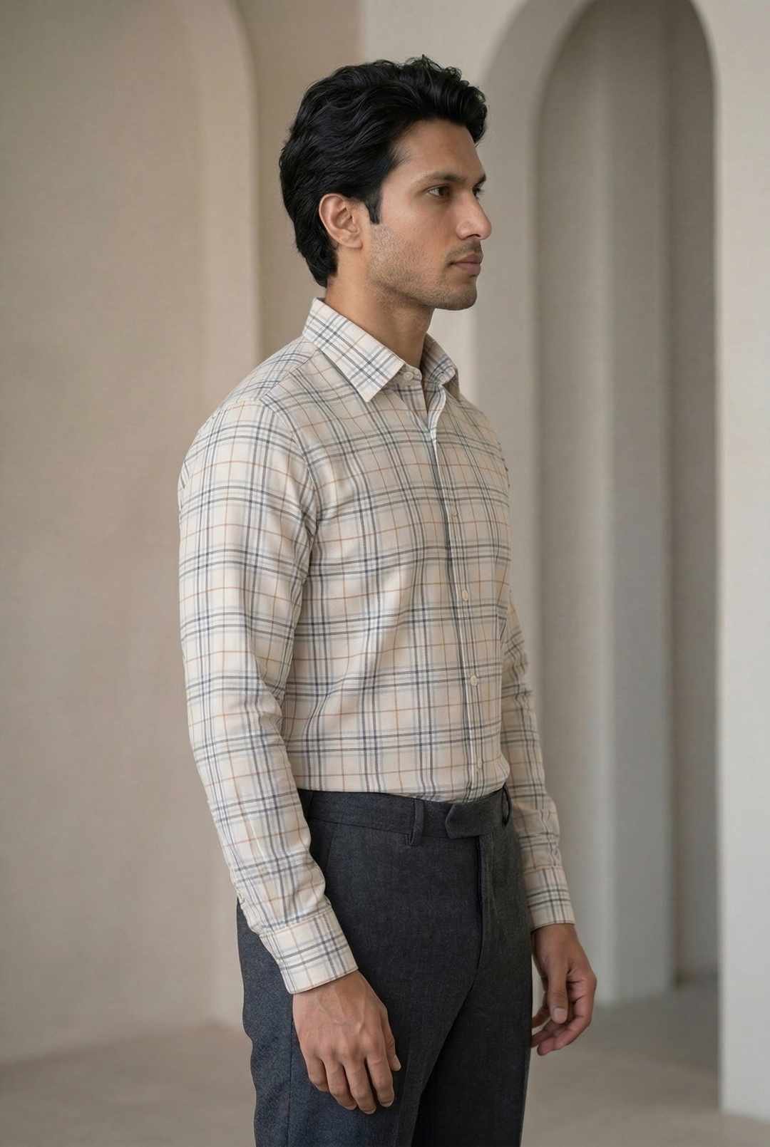 Checked Giza Cotton & Wool Shirt for Men – Regular Fit – Image 3