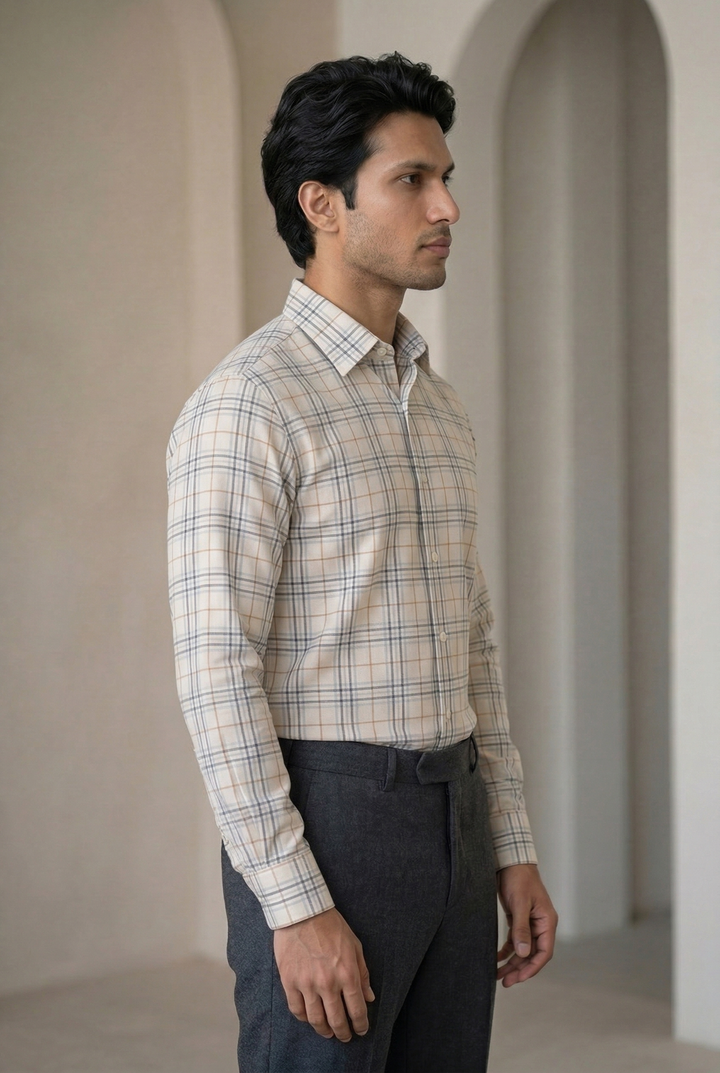 Checked Giza Cotton & Wool Shirt for Men – Regular Fit