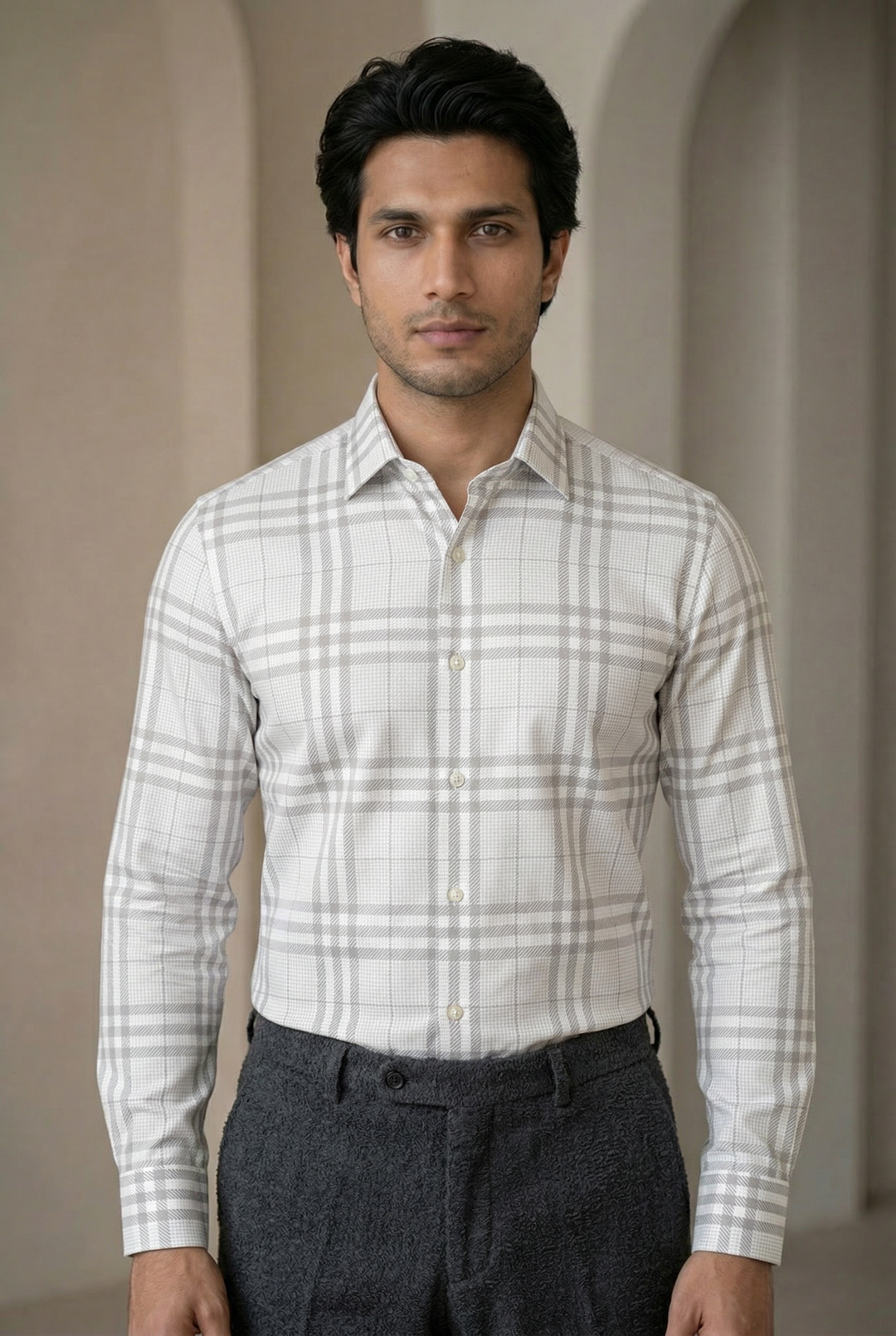 White Checked Giza Cotton Shirt for Men – Regular Fit – Image 1