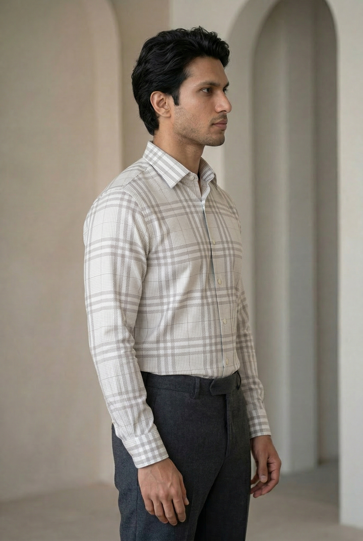 White Checked Giza Cotton Shirt for Men – Regular Fit