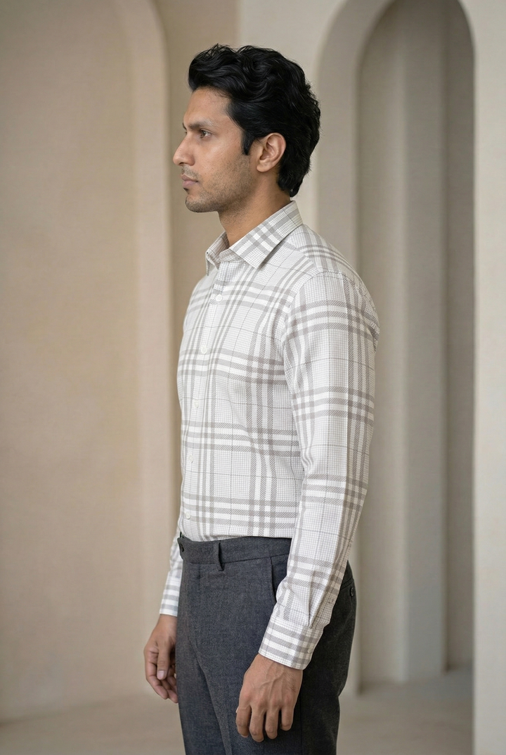 White Checked Giza Cotton Shirt for Men – Regular Fit