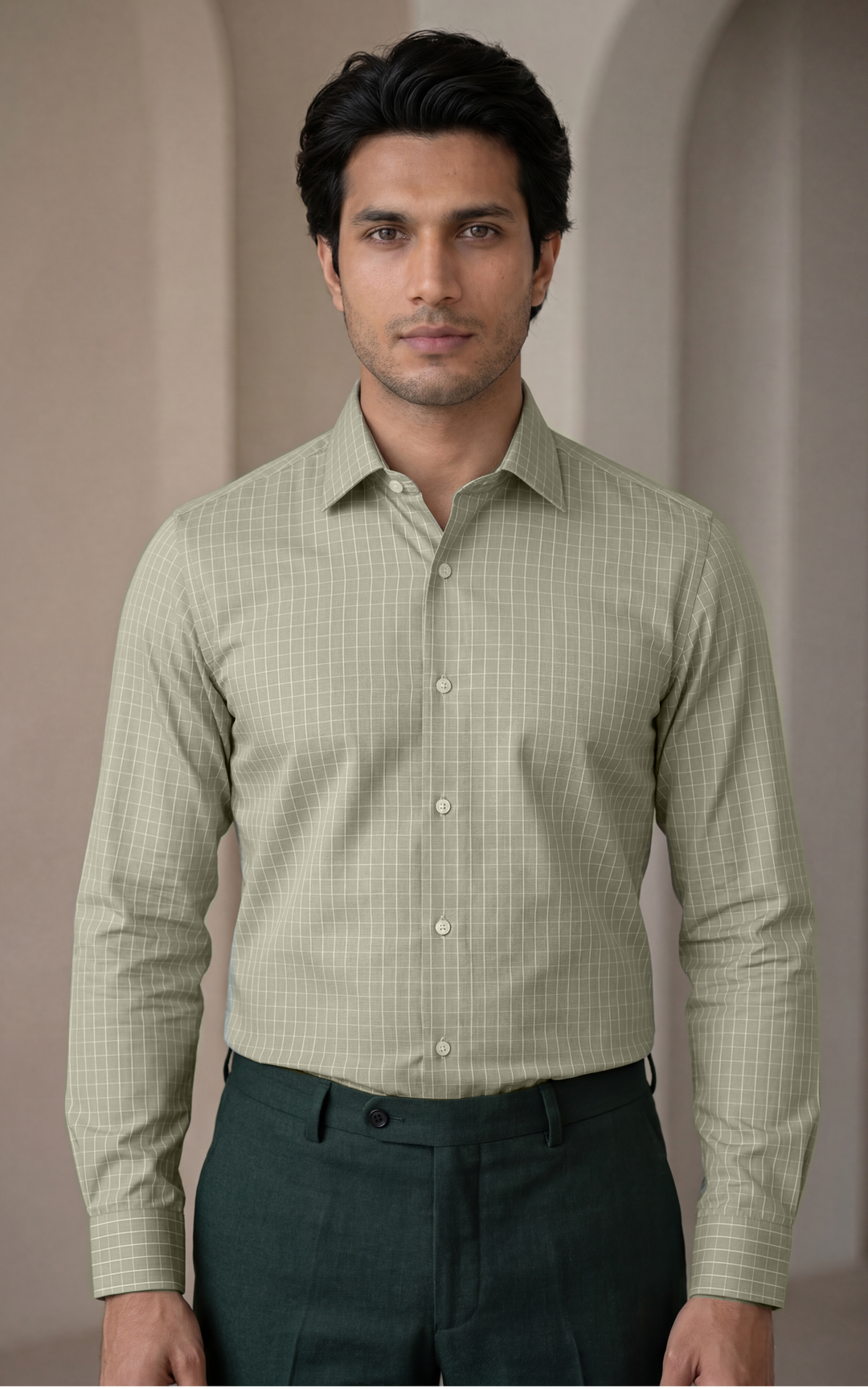Mehndi Green Cotton Checked Shirt for Men – Regular Fit Casual Wear