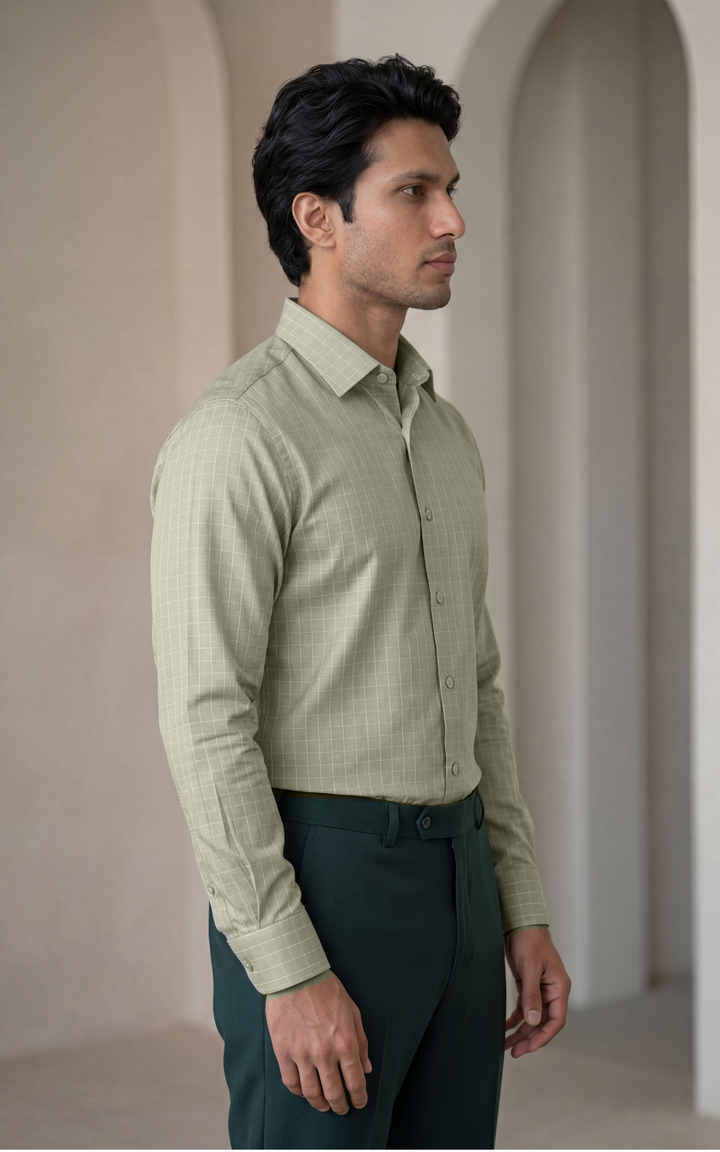 Mehndi Green Cotton Checked Shirt for Men – Regular Fit Casual Wear