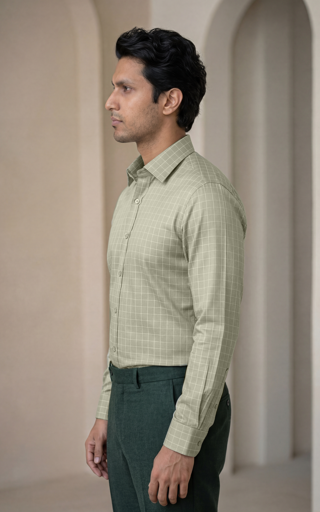 Mehndi Green Cotton Checked Shirt for Men – Regular Fit Casual Wear – Image 3