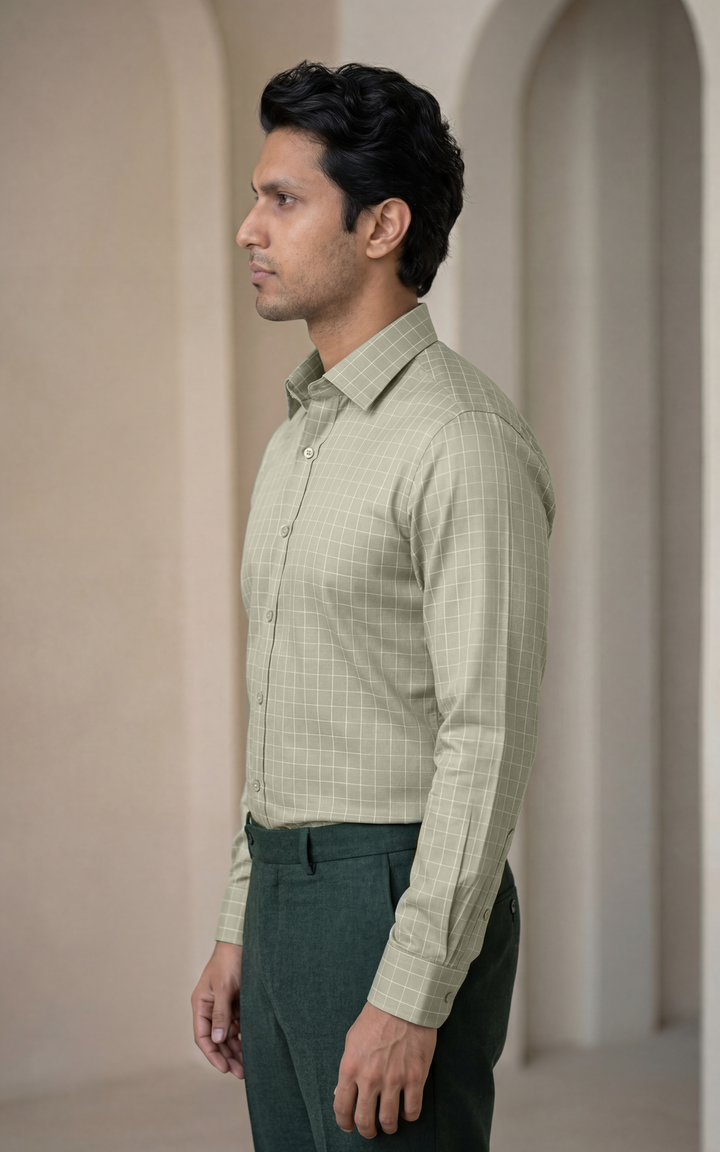 Mehndi Green Cotton Checked Shirt for Men – Regular Fit Casual Wear