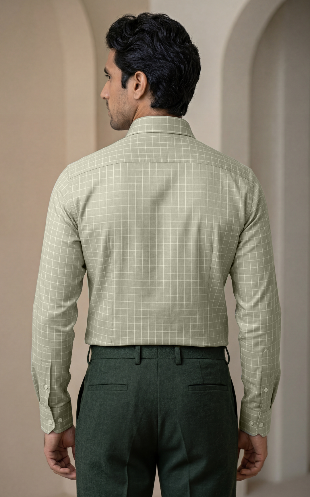 Mehndi Green Cotton Checked Shirt for Men – Regular Fit Casual Wear – Image 4