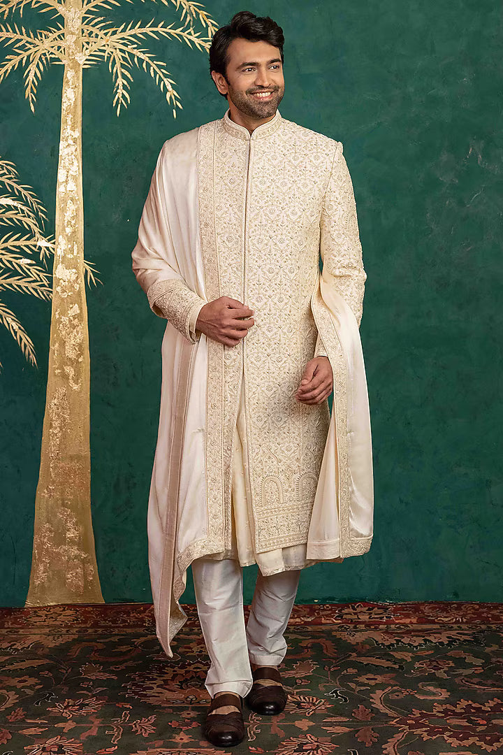 Floral Foliage Sherwani with Zardosi & Moti