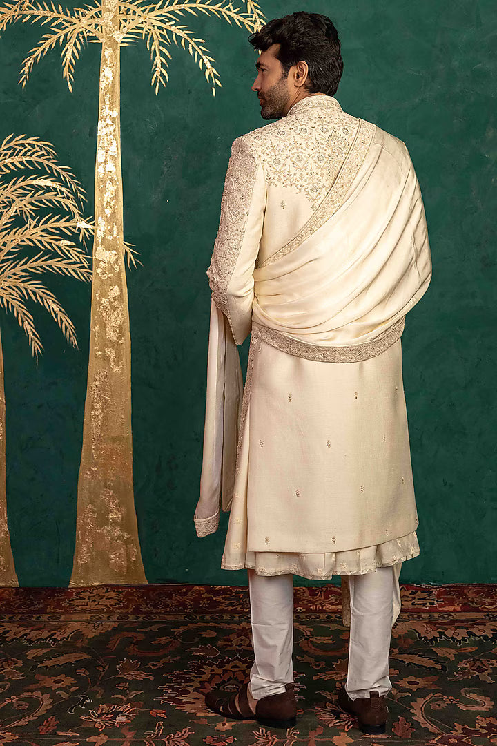 Floral Foliage Sherwani with Zardosi & Moti