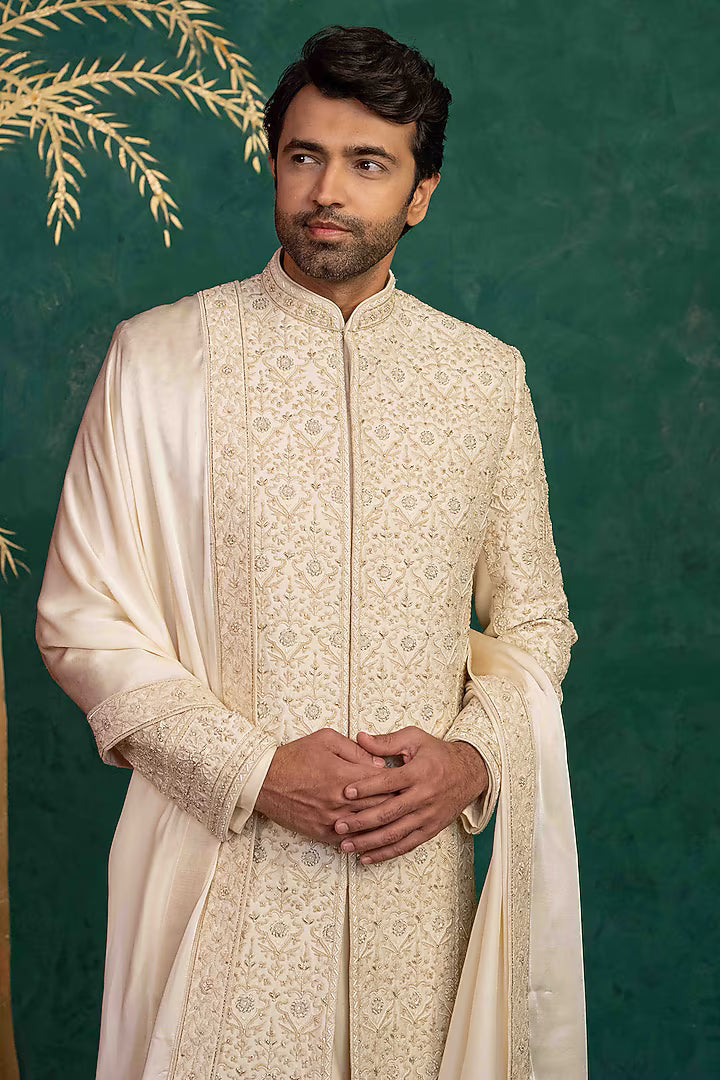 Floral Foliage Sherwani with Zardosi & Moti
