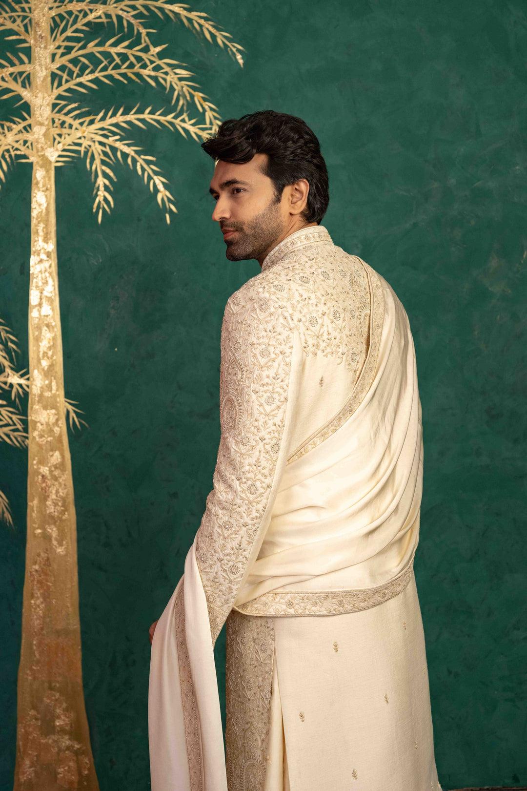 Floral and Foliage-Inspired Sherwani with Zardosi and Moti Embellishments – Image 11