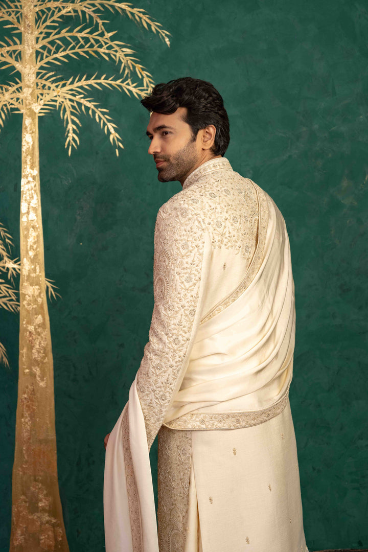 Floral and Foliage-Inspired Sherwani with Zardosi and Moti Embellishments