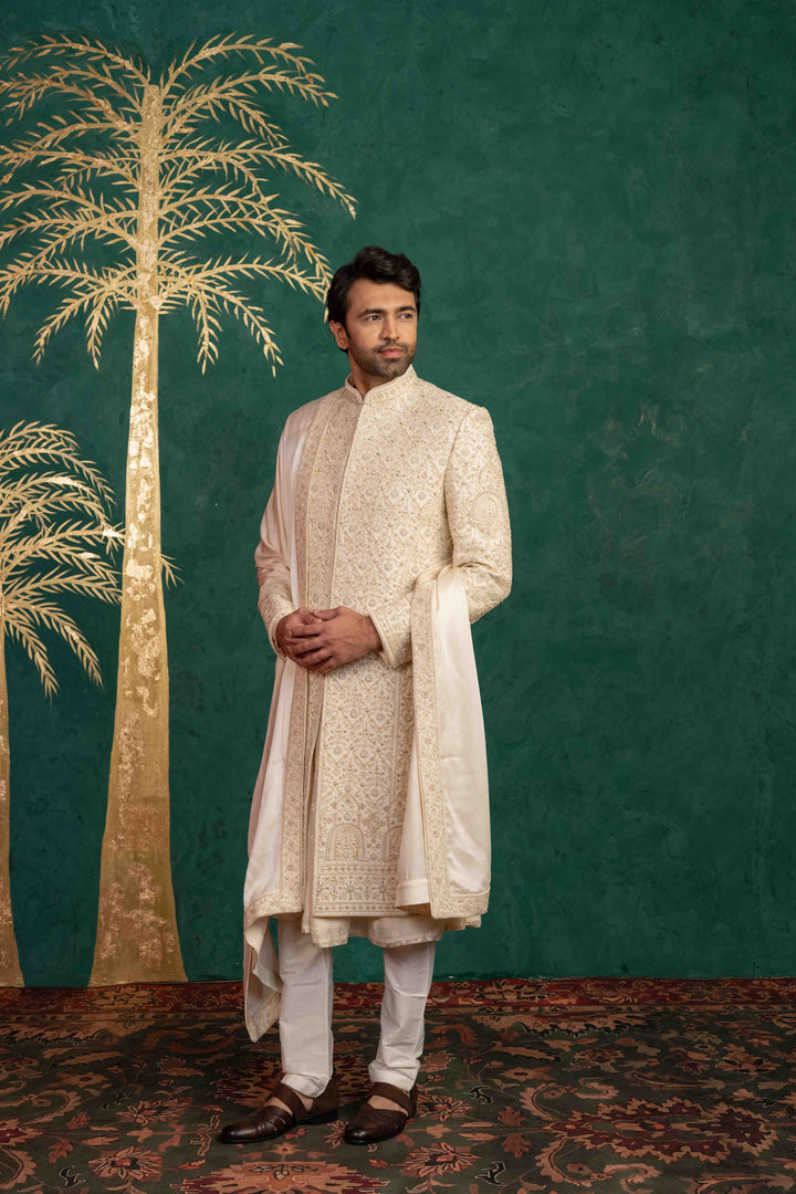 Floral and Foliage-Inspired Sherwani with Zardosi and Moti Embellishments