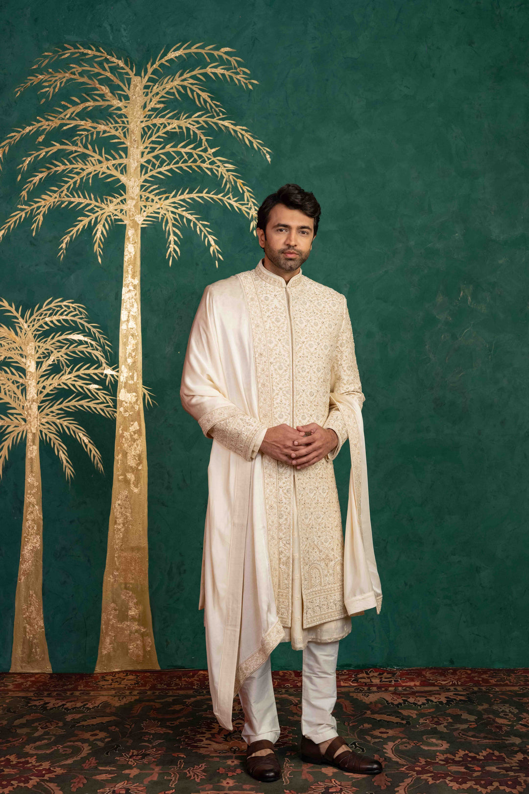 Floral and Foliage-Inspired Sherwani with Zardosi and Moti Embellishments