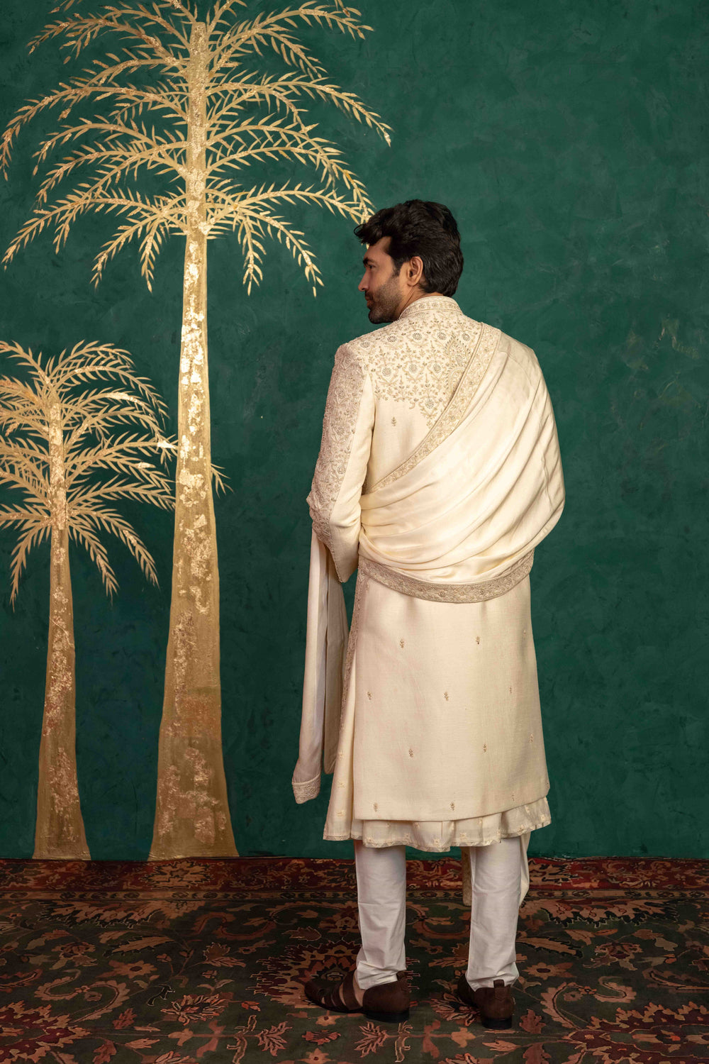 Floral and Foliage-Inspired Sherwani with Zardosi and Moti Embellishments