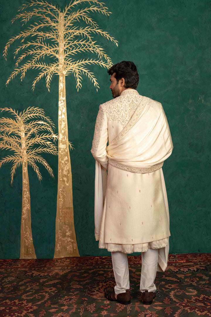 Floral and Foliage-Inspired Sherwani with Zardosi and Moti Embellishments