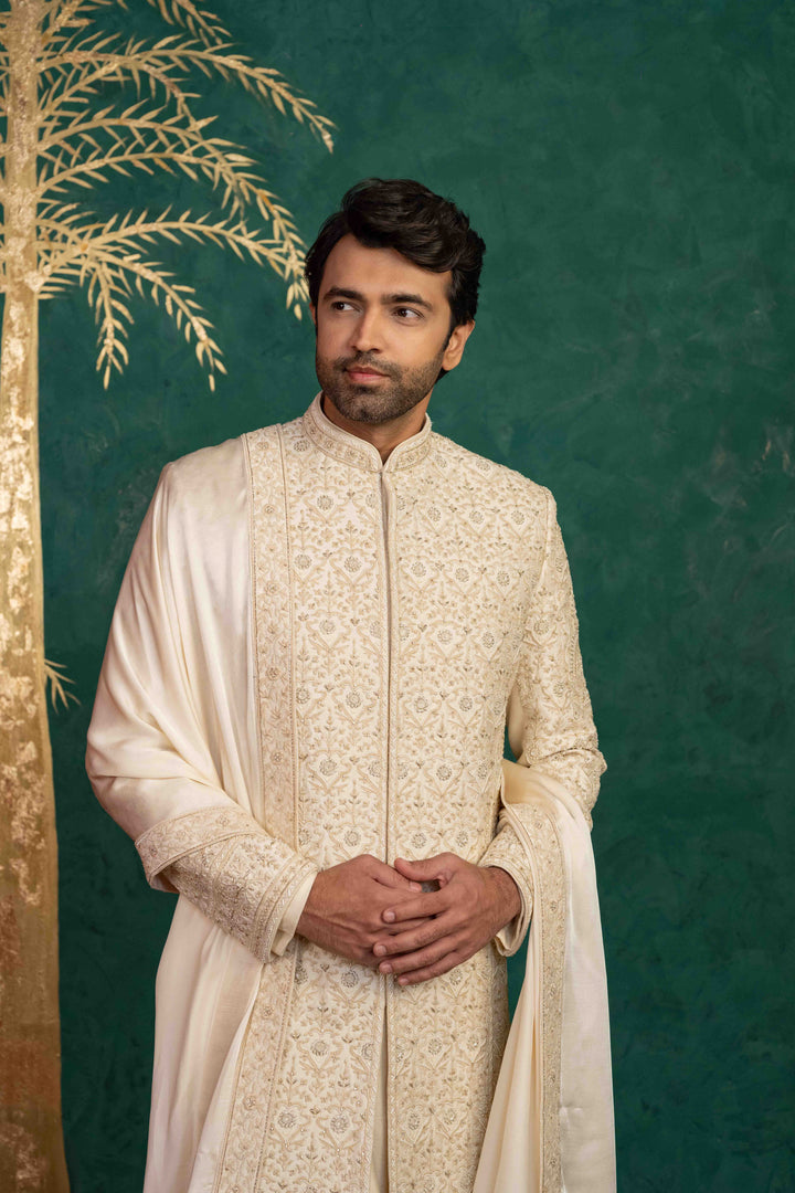 Floral and Foliage-Inspired Sherwani with Zardosi and Moti Embellishments