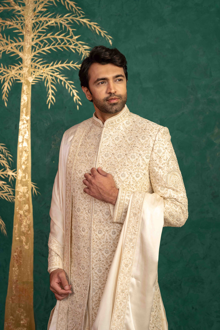 Floral and Foliage-Inspired Sherwani with Zardosi and Moti Embellishments