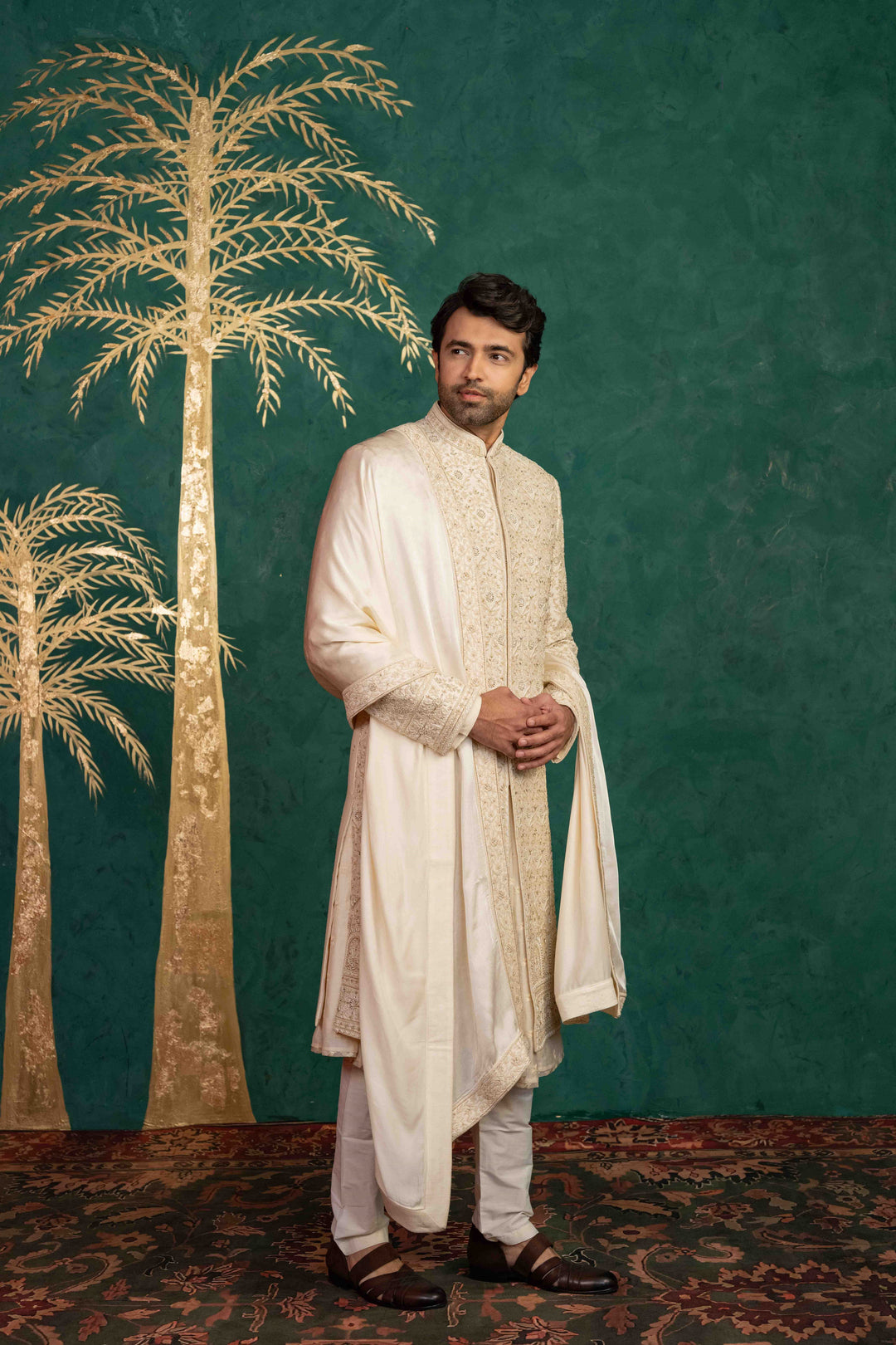 Floral and Foliage-Inspired Sherwani with Zardosi and Moti Embellishments – Image 10