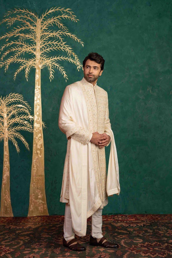 Floral and Foliage-Inspired Sherwani with Zardosi and Moti Embellishments