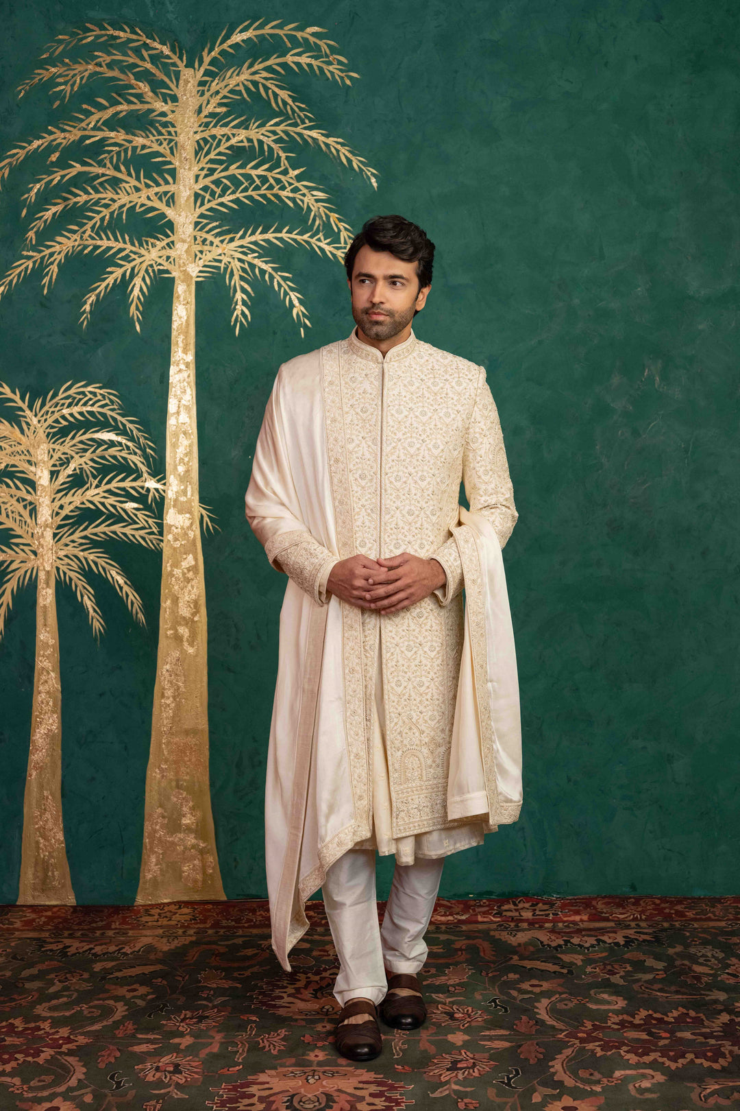 Floral and Foliage-Inspired Sherwani with Zardosi and Moti Embellishments – Image 9