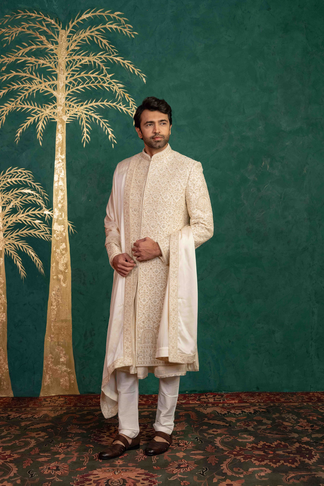 Floral and Foliage-Inspired Sherwani with Zardosi and Moti Embellishments – Image 8