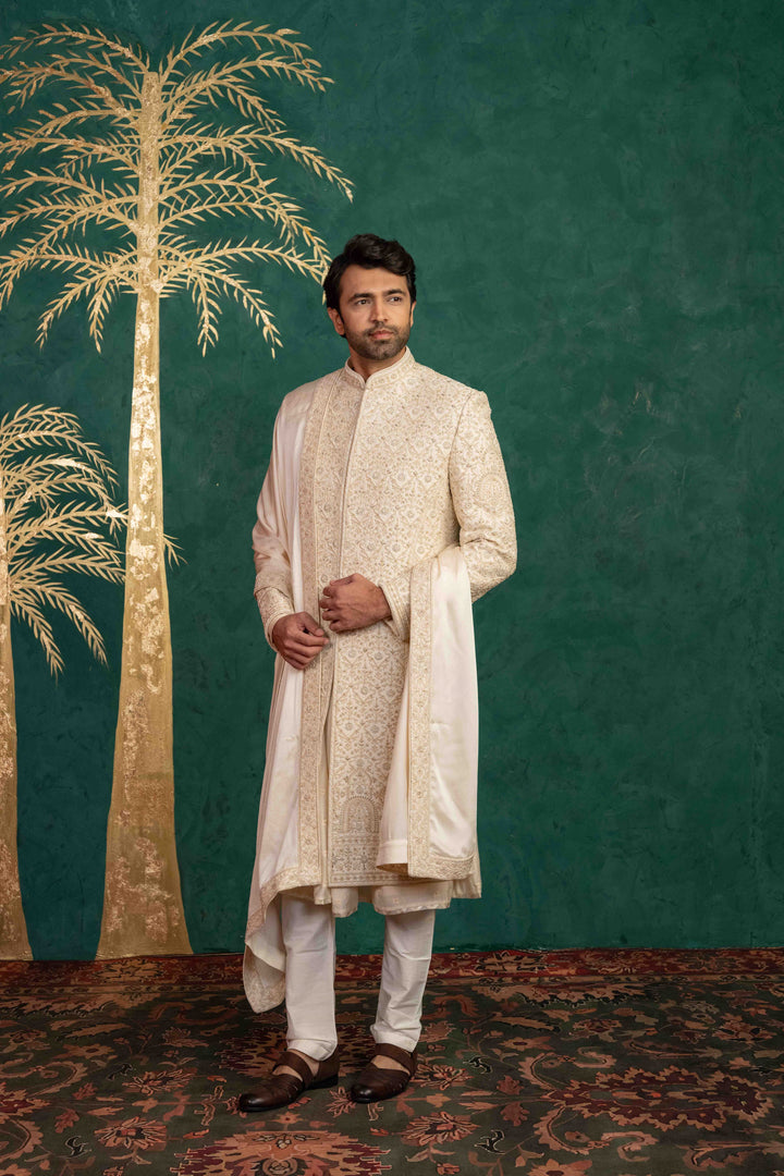 Floral and Foliage-Inspired Sherwani with Zardosi and Moti Embellishments