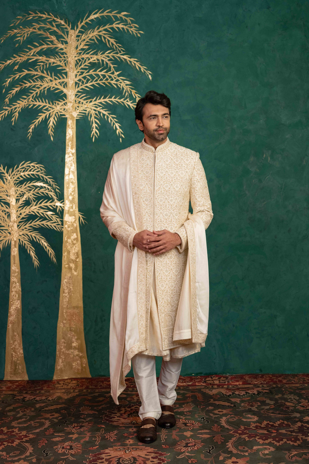 Floral and Foliage-Inspired Sherwani with Zardosi and Moti Embellishments – Image 7