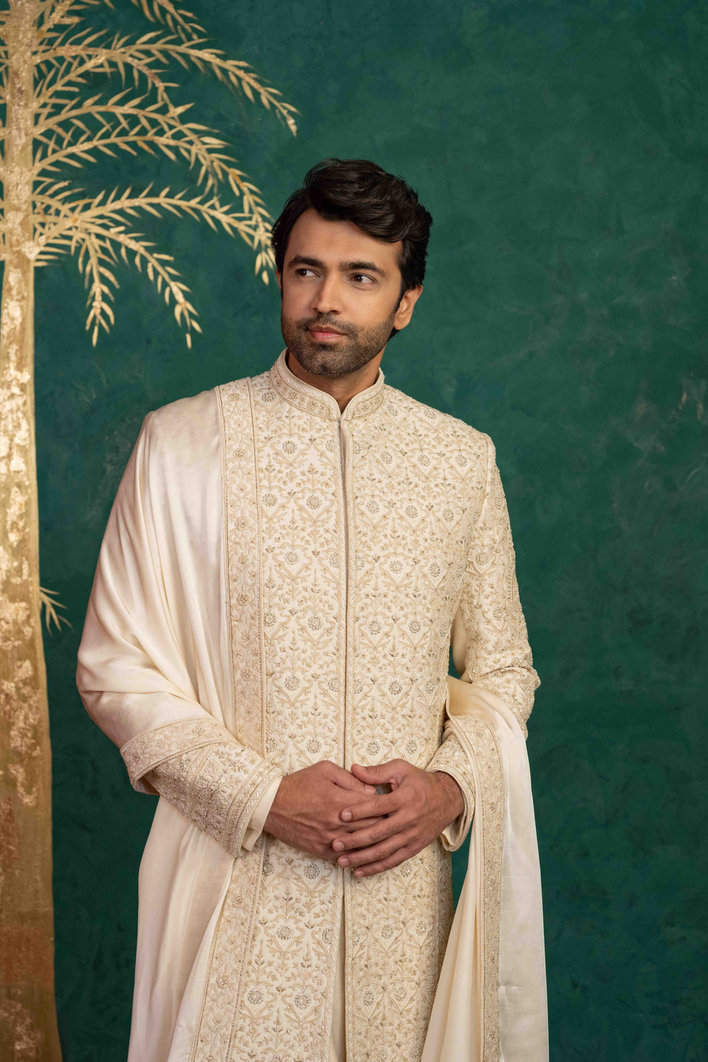Floral and Foliage-Inspired Sherwani with Zardosi and Moti Embellishments