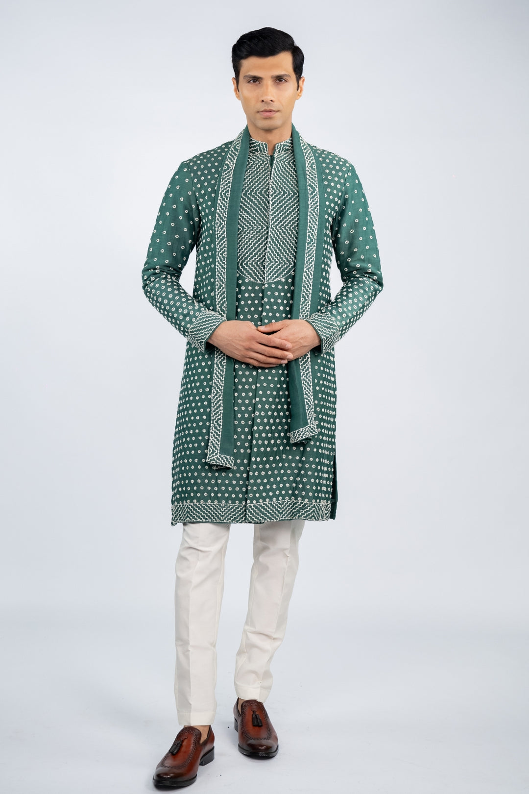 Green Front Open French Knot Kurta
