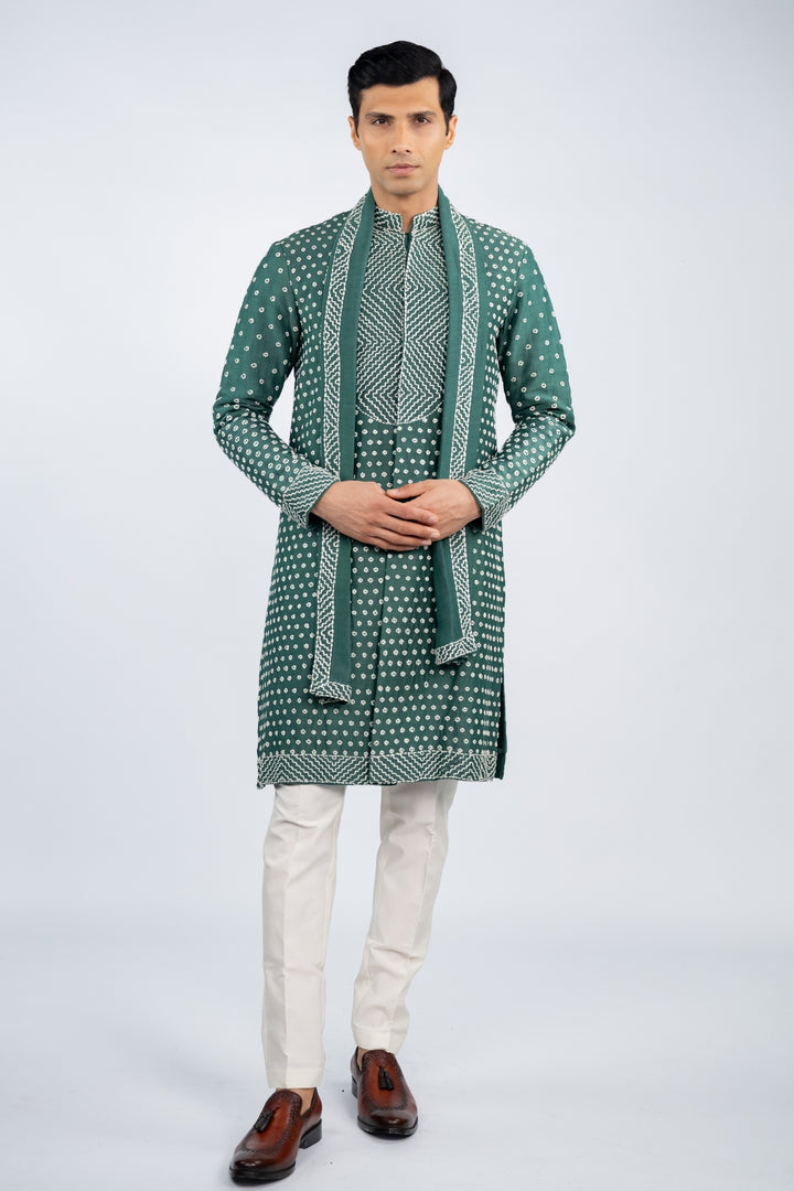 Green Front Open French Knot Kurta