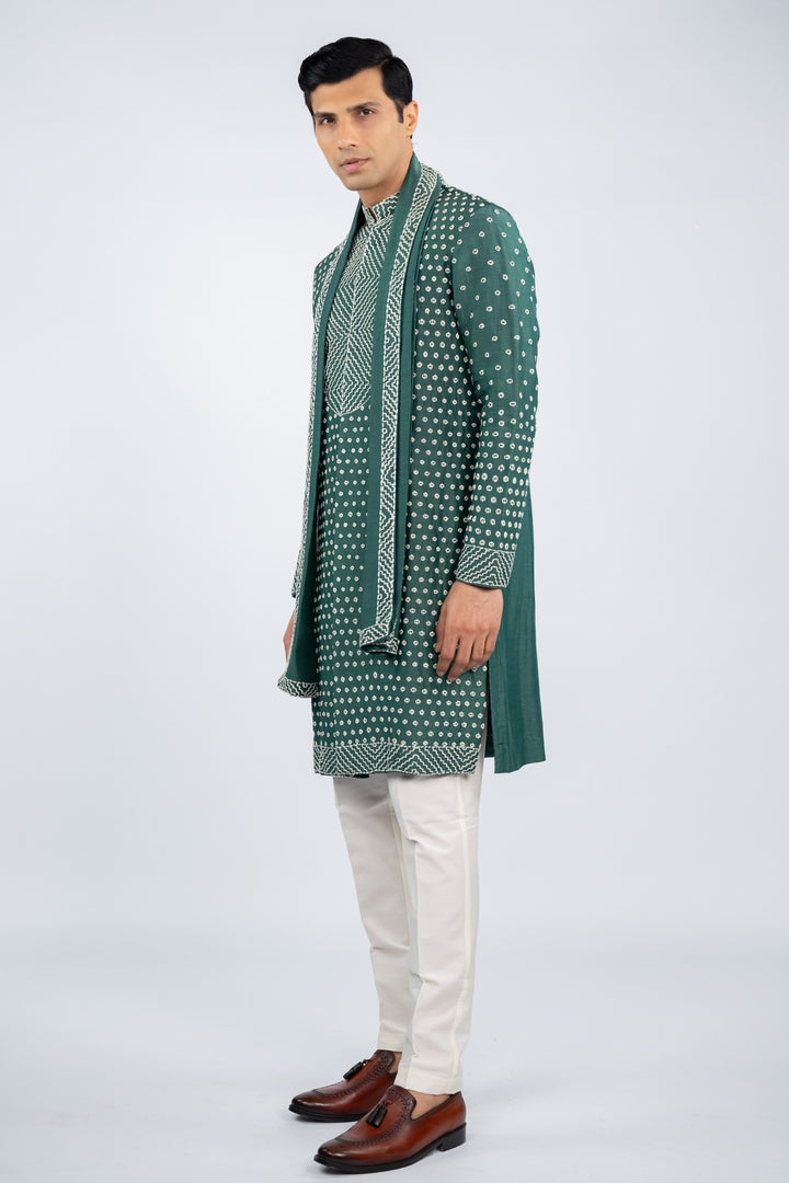Green Front Open French Knot Kurta