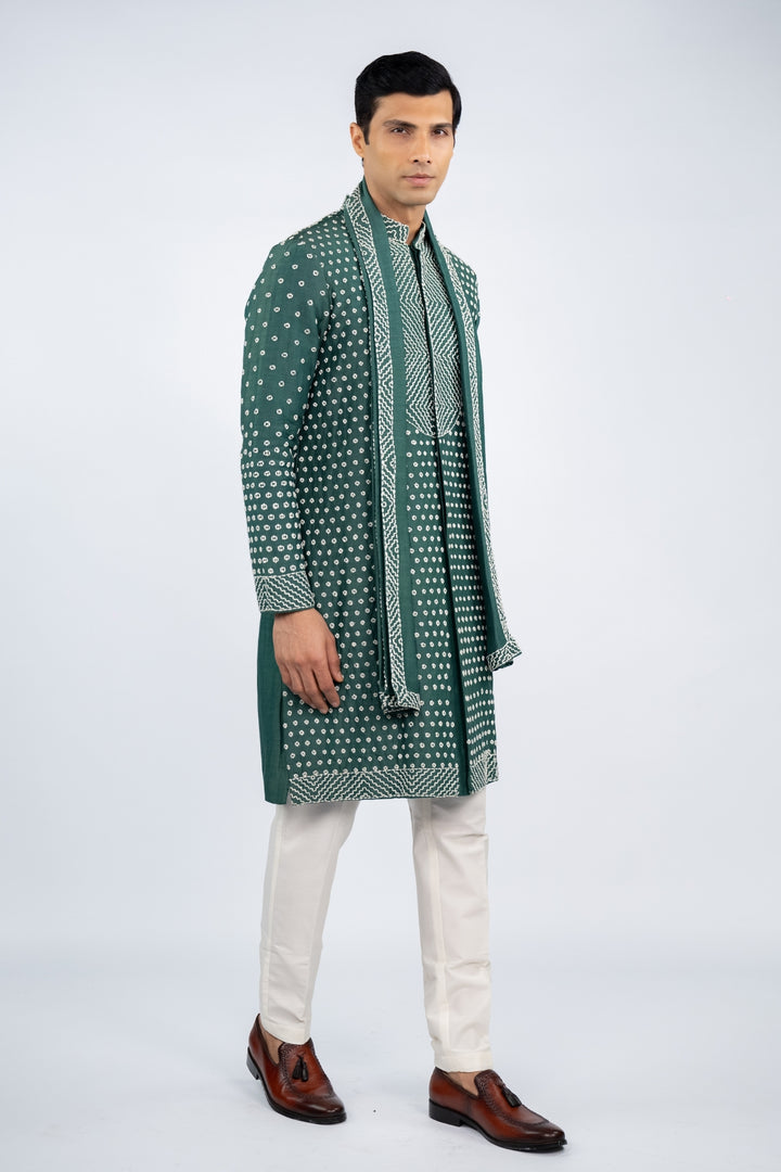Green Front Open French Knot Kurta