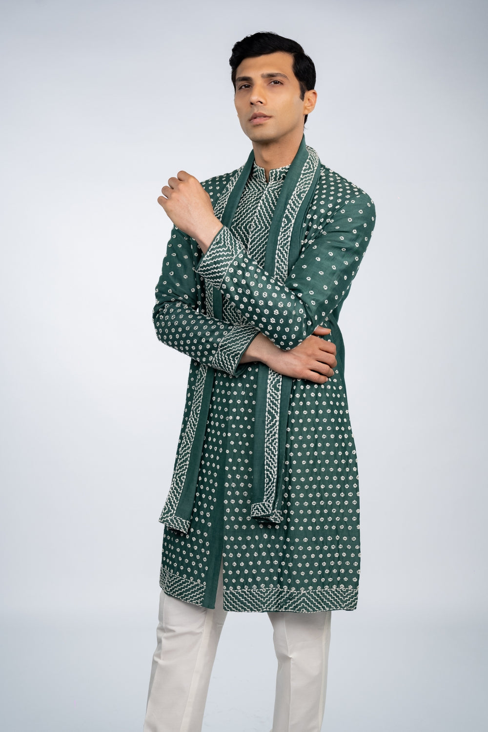 Green Front Open French Knot Kurta