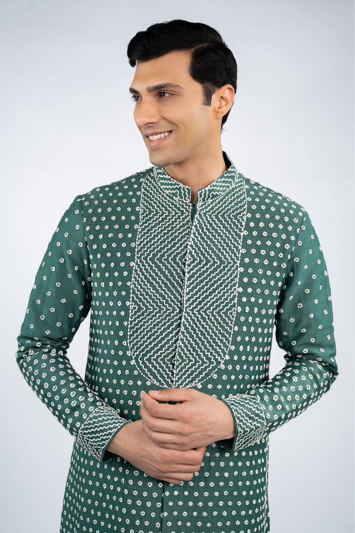Green Front Open French Knot Kurta