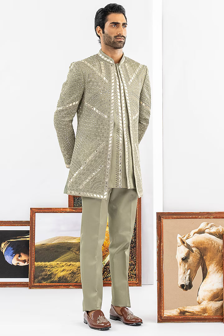 Green Raw Silk Indowestern Set – Image 2