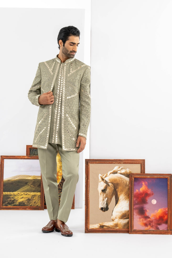 Green Raw Silk Indowestern Set