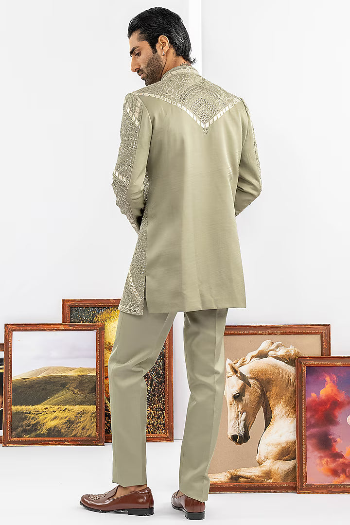 Green Raw Silk Indowestern Set