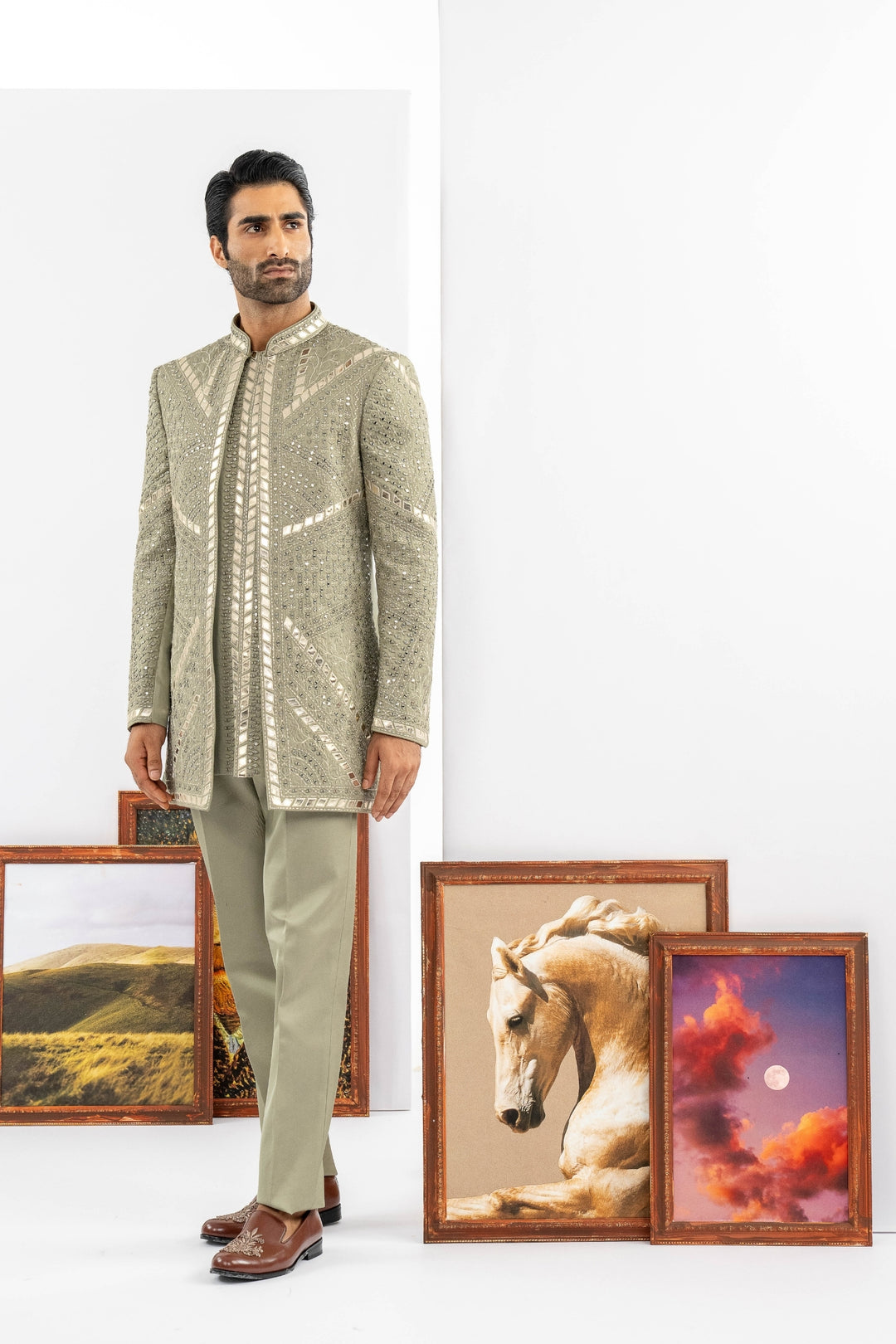 Green Raw Silk Indowestern Set – Image 3