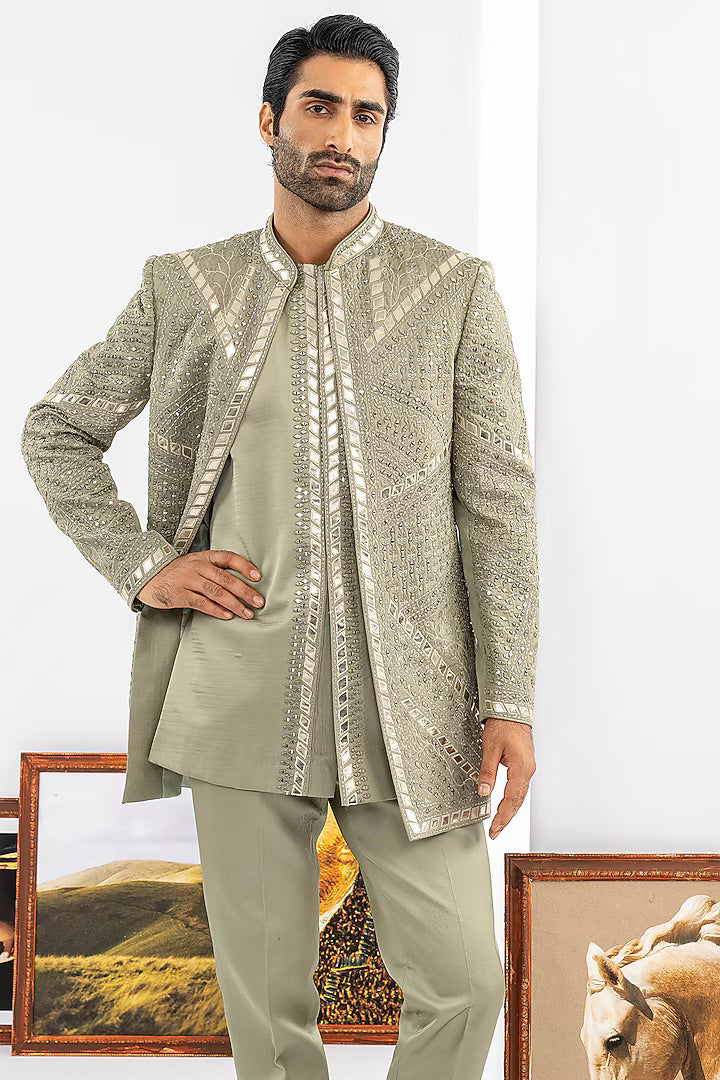 Green Raw Silk Indowestern Set
