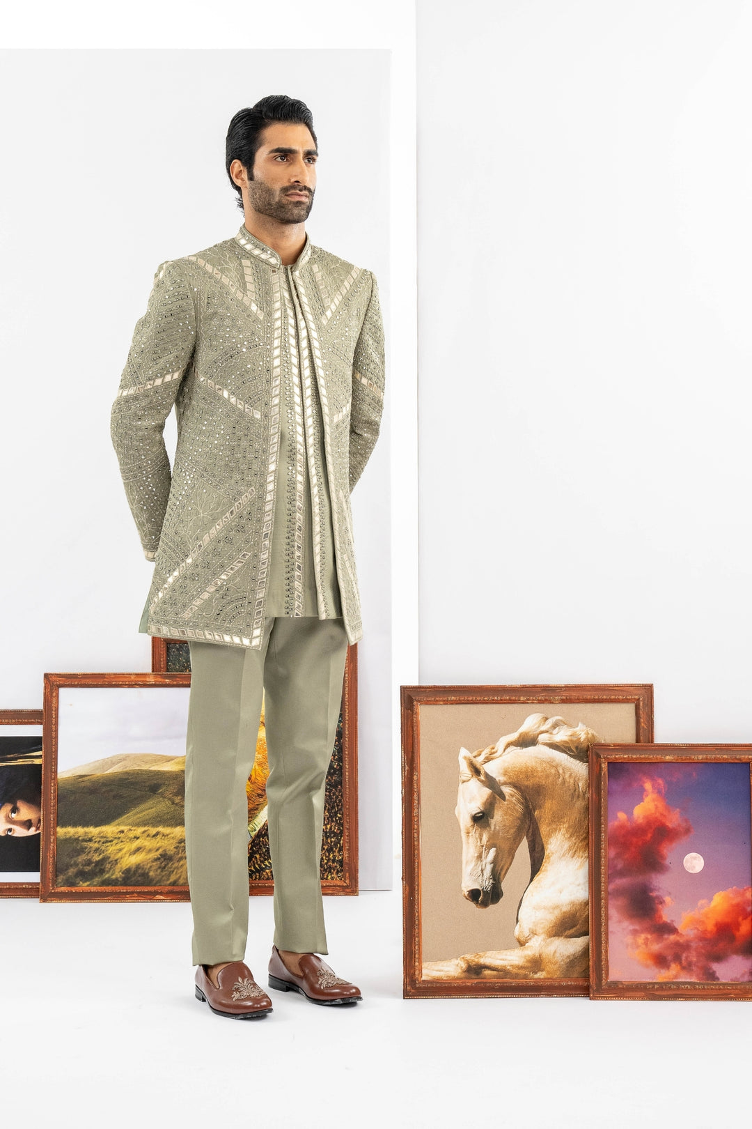 Green Raw Silk Indowestern Set – Image 4